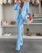 2 Pieces Outfit Metal Ring Decor Notched Collar Cinched Waist Wrap Front Coat and Zipper Fly Elastic Back Waist Pants Set Casual Blazer Set sky blue