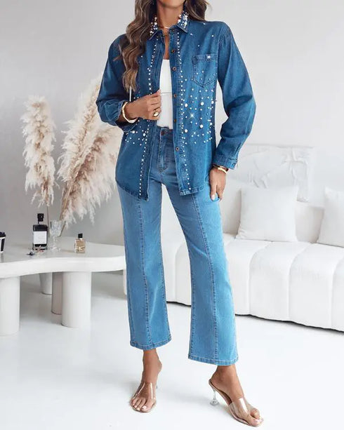 Pearls & Rhinestone Decor Turn-down Collar Button Front Denim Shirt Coat Casual Top blue