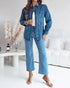 Pearls & Rhinestone Decor Turn-down Collar Button Front Denim Shirt Coat Casual Top blue