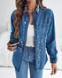 Pearls & Rhinestone Decor Turn-down Collar Button Front Denim Shirt Coat Casual Top blue
