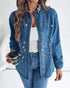 Pearls & Rhinestone Decor Turn-down Collar Button Front Denim Shirt Coat Casual Top blue