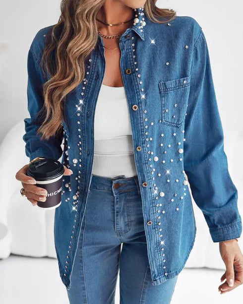 Pearls & Rhinestone Decor Turn-down Collar Button Front Denim Shirt Coat Casual Top blue