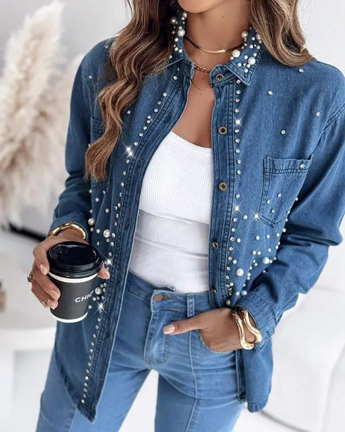 Pearls & Rhinestone Decor Turn-down Collar Button Front Denim Shirt Coat Casual Top blue
