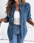 Pearls & Rhinestone Decor Turn-down Collar Button Front Denim Shirt Coat Casual Top blue