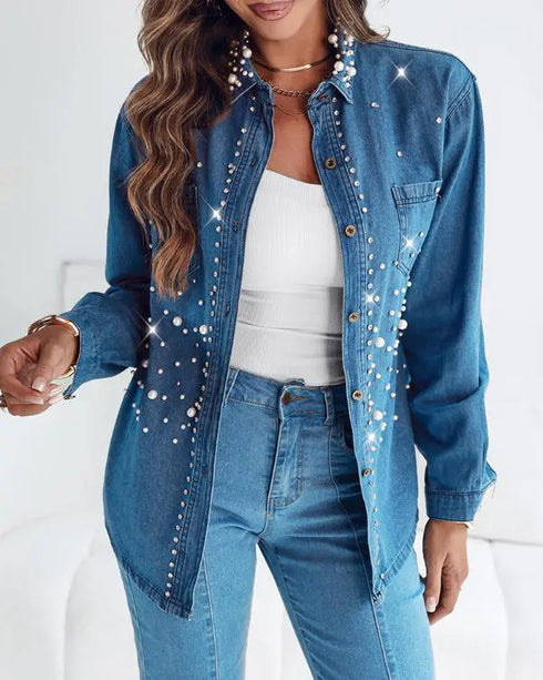 Pearls & Rhinestone Decor Turn-down Collar Button Front Denim Shirt Coat Casual Top blue