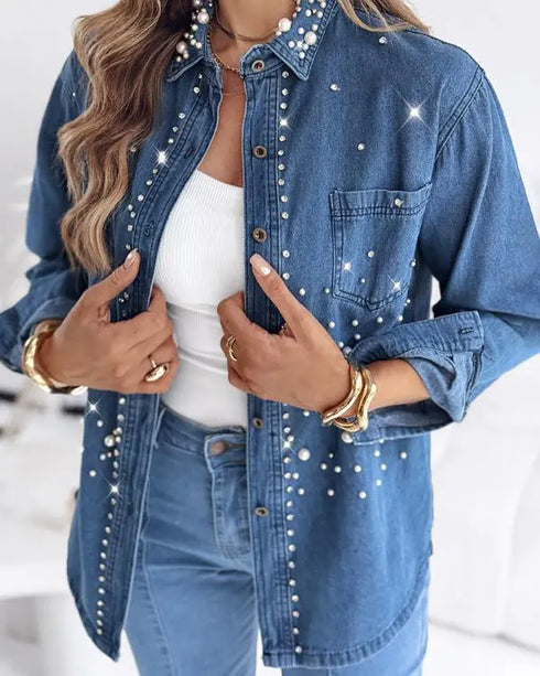 Pearls & Rhinestone Decor Turn-down Collar Button Front Denim Shirt Coat Casual Top blue