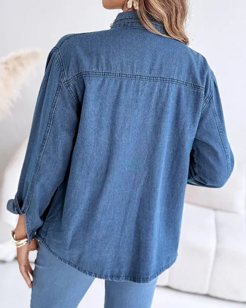 Pearls & Rhinestone Decor Turn-down Collar Button Front Denim Shirt Coat Casual Top blue