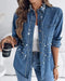 Pearls & Rhinestone Decor Turn-down Collar Button Front Denim Shirt Coat Casual Top blue