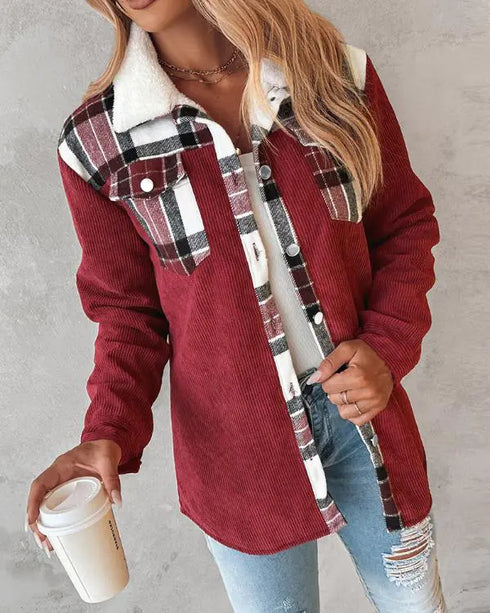 Colorblock Plaid Print Corduroy Lined Shacket red