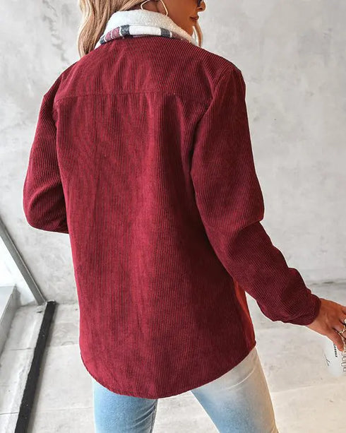 Colorblock Plaid Print Corduroy Lined Shacket red