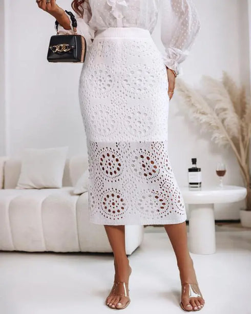 Crochet Pattern Elastic Waist Hollow-out Mid-Calf Skirt Casual Commuting Skirt white