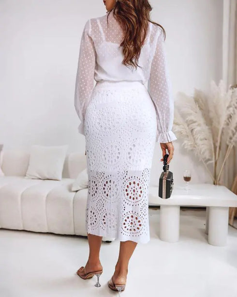 Crochet Pattern Elastic Waist Hollow-out Mid-Calf Skirt Casual Commuting Skirt white