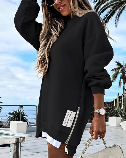 Long Sleeve Pocket Design Pullover Sweatshirt Casual Faux Two Piece Longline Drawstring Hooded Top black