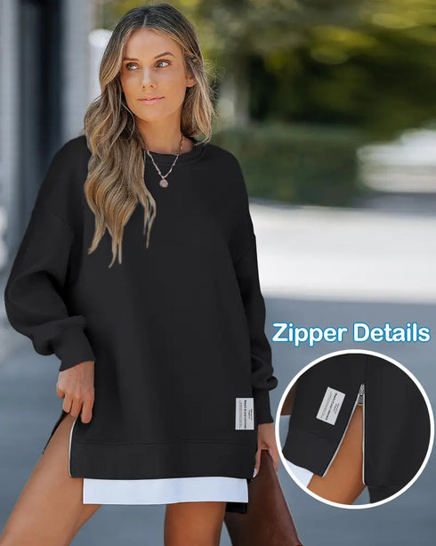 Letter Patch Detail Long Sleeve Drop Shoulder Pullover Sweatshirt Casual Zipper Side Slit Top black