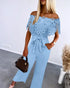 Off Shoulder Frill Hem Tied Detail Jumpsuit blue