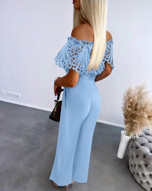 Off Shoulder Frill Hem Tied Detail Jumpsuit blue