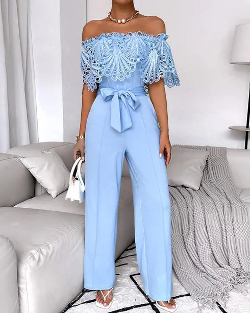Off Shoulder Frill Hem Tied Detail Jumpsuit blue