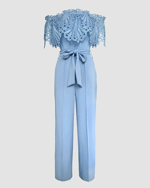 Off Shoulder Frill Hem Tied Detail Jumpsuit blue