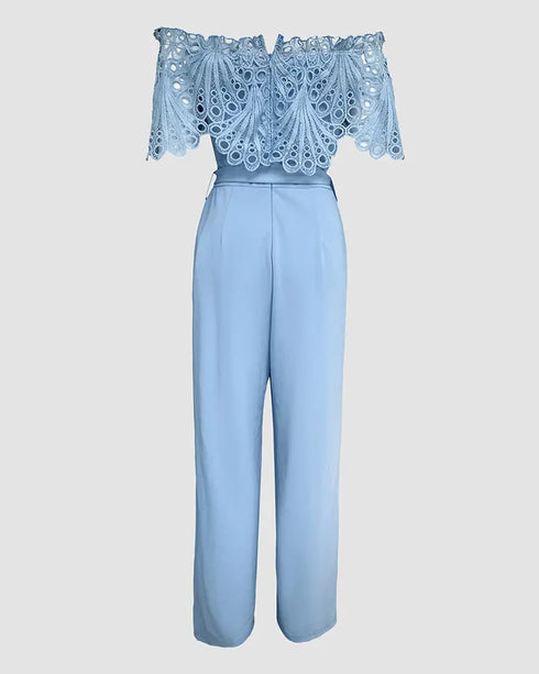 Off Shoulder Frill Hem Tied Detail Jumpsuit blue