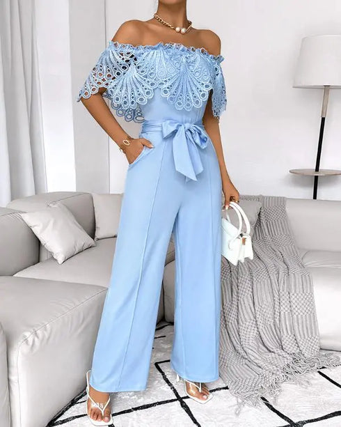 Off Shoulder Frill Hem Tied Detail Jumpsuit blue