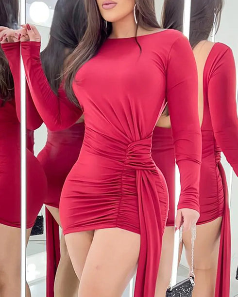 Long Sleeve Backless Ruched Bodycon Dress Draped Slim Fit Mini Dress red