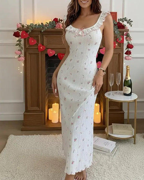 Bowknot Decor Ditsy Floral Print Ruffle U-Neck Sleeveless Nightgown Casual Backless Frill Trim Jacquard Textured Night Dress white