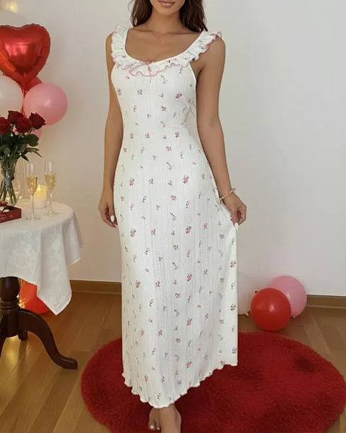 Bowknot Decor Ditsy Floral Print Ruffle U-Neck Sleeveless Nightgown Casual Backless Frill Trim Jacquard Textured Night Dress white
