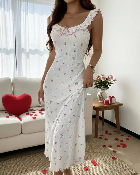 Bowknot Decor Ditsy Floral Print Ruffle U-Neck Sleeveless Nightgown Casual Backless Frill Trim Jacquard Textured Night Dress white