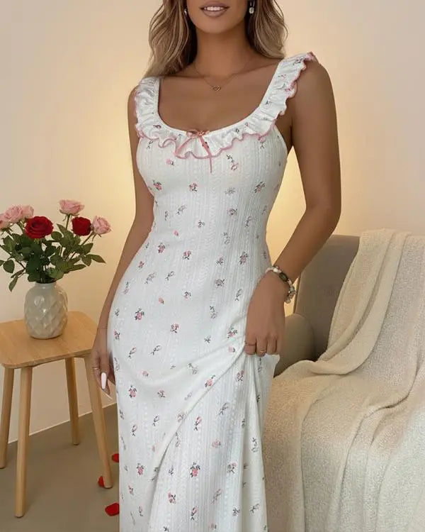 Bowknot Decor Ditsy Floral Print Ruffle U-Neck Sleeveless Nightgown Casual Backless Frill Trim Jacquard Textured Night Dress white