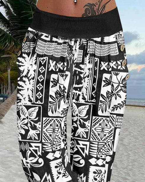 Plants Print Low Waist Wooden Button Decor Capris Pants Vacation Pants with Pockets black