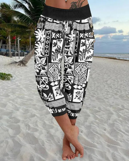 Plants Print Low Waist Wooden Button Decor Capris Pants Vacation Pants with Pockets black