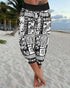 Plants Print Low Waist Wooden Button Decor Capris Pants Vacation Pants with Pockets black