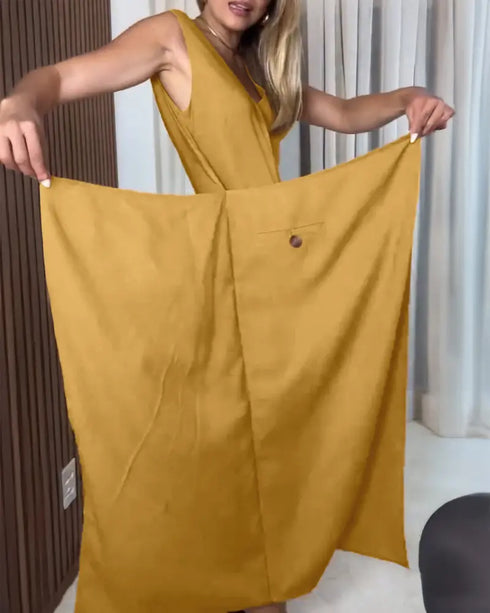 Solid Button Decor V-Neck Sleeveless Hollow-out Back Maxi Dress Casual Wrap Lace-Up Work Dress khaki