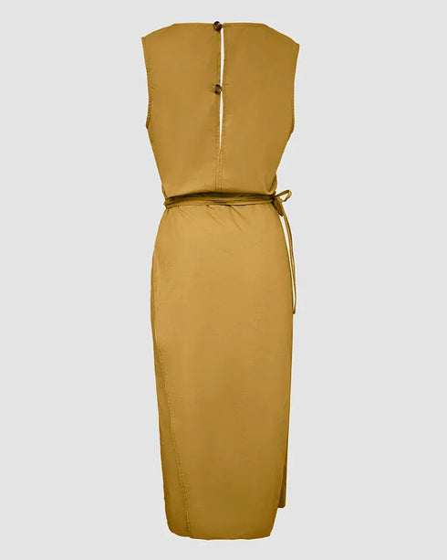 Solid Button Decor V-Neck Sleeveless Hollow-out Back Maxi Dress Casual Wrap Lace-Up Work Dress khaki