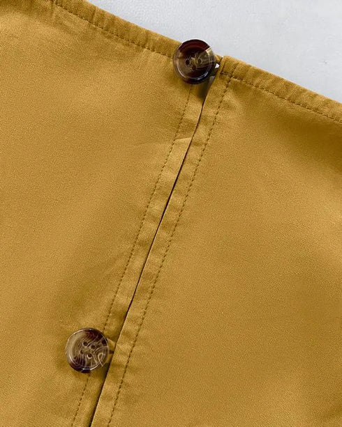 Solid Button Decor V-Neck Sleeveless Hollow-out Back Maxi Dress Casual Wrap Lace-Up Work Dress khaki