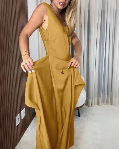 Solid Button Decor V-Neck Sleeveless Hollow-out Back Maxi Dress Casual Wrap Lace-Up Work Dress khaki