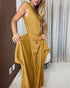 Solid Button Decor V-Neck Sleeveless Hollow-out Back Maxi Dress Casual Wrap Lace-Up Work Dress khaki
