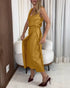 Solid Button Decor V-Neck Sleeveless Hollow-out Back Maxi Dress Casual Wrap Lace-Up Work Dress khaki