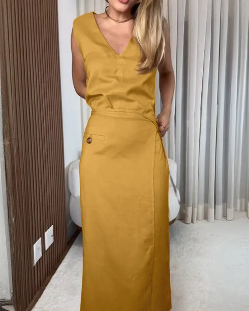 Solid Button Decor V-Neck Sleeveless Hollow-out Back Maxi Dress Casual Wrap Lace-Up Work Dress khaki