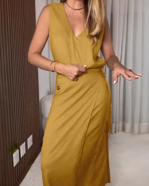 Solid Button Decor V-Neck Sleeveless Hollow-out Back Maxi Dress Casual Wrap Lace-Up Work Dress khaki