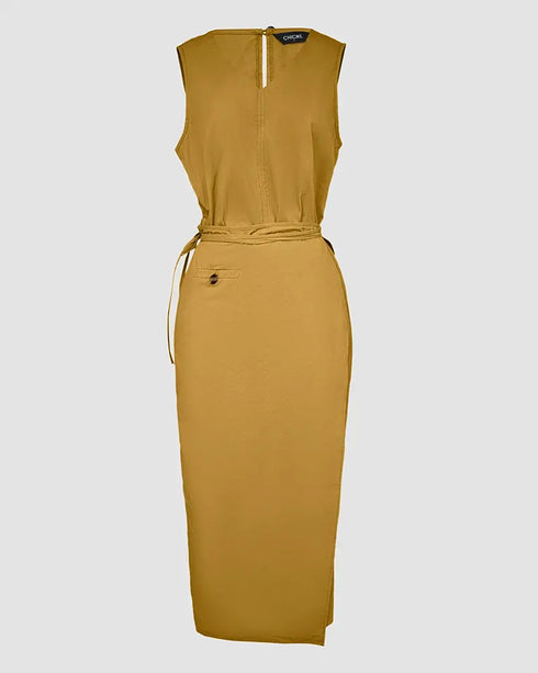 Solid Button Decor V-Neck Sleeveless Hollow-out Back Maxi Dress Casual Wrap Lace-Up Work Dress khaki