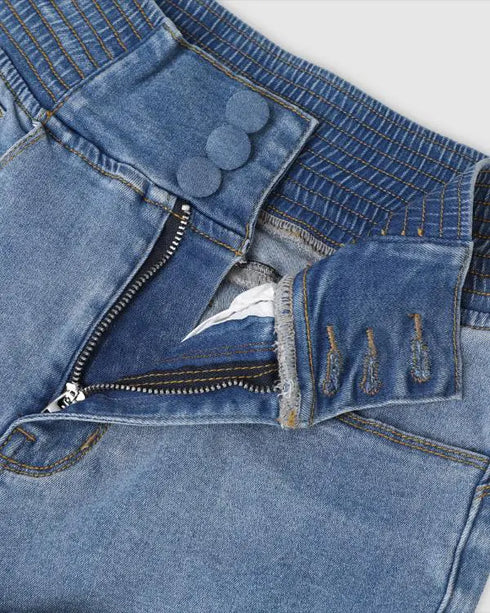 ChicMe CurveEase Back Shirred Button Front High Waist Jeans Skinny Flared Denim Jeggings Lighted Blue