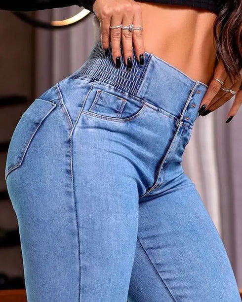 ChicMe CurveEase Back Shirred Button Front High Waist Jeans Skinny Flared Denim Jeggings Lighted Blue