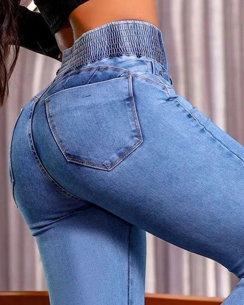 ChicMe CurveEase Back Shirred Button Front High Waist Jeans Skinny Flared Denim Jeggings Lighted Blue
