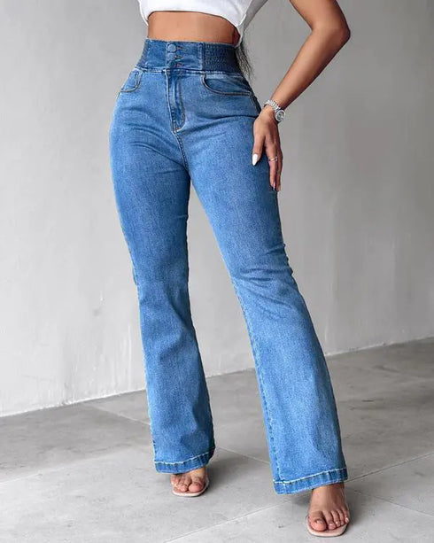 ChicMe CurveEase Back Shirred Button Front High Waist Jeans Skinny Flared Denim Jeggings Lighted Blue