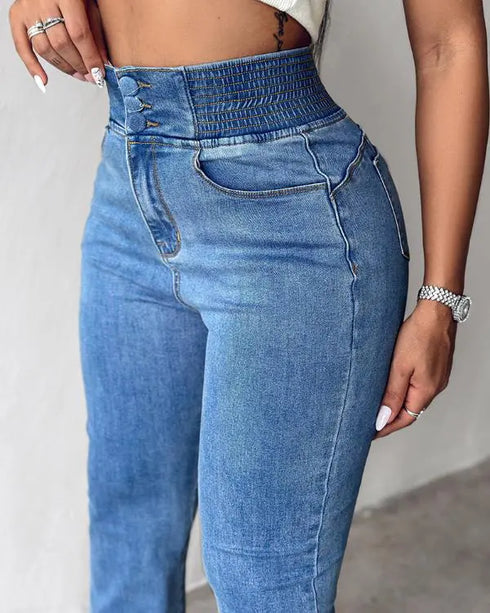 ChicMe CurveEase Back Shirred Button Front High Waist Jeans Skinny Flared Denim Jeggings Lighted Blue