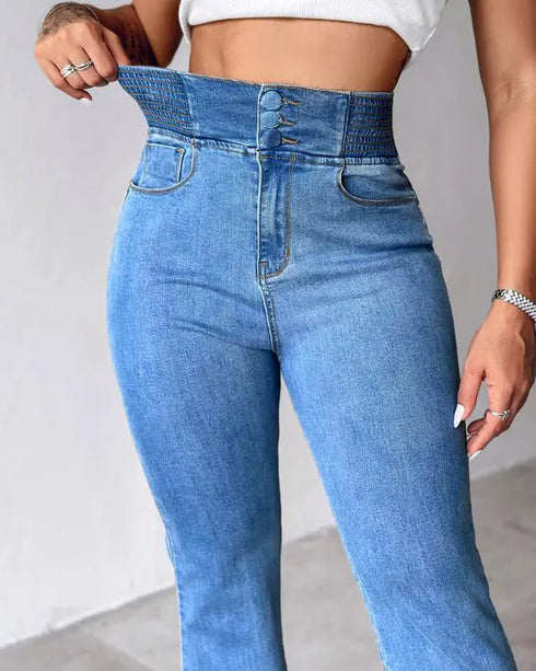 ChicMe CurveEase Back Shirred Button Front High Waist Jeans Skinny Flared Denim Jeggings Lighted Blue