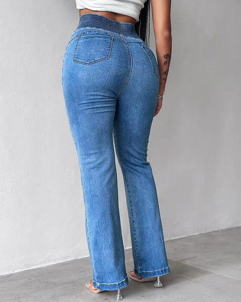 ChicMe CurveEase Back Shirred Button Front High Waist Jeans Skinny Flared Denim Jeggings Lighted Blue