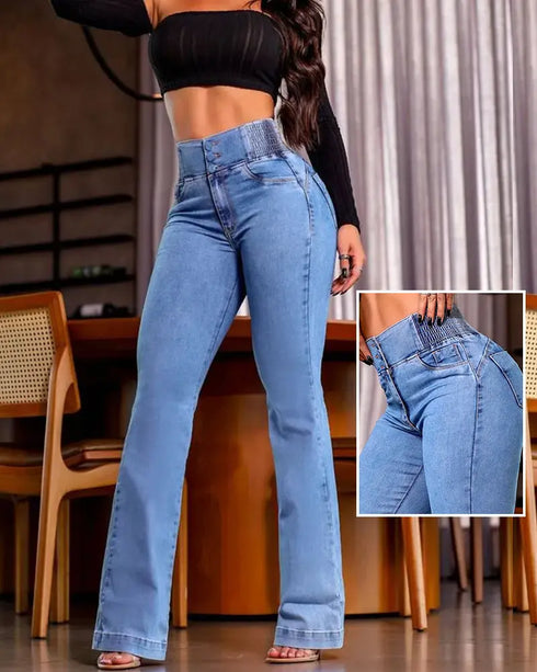 ChicMe CurveEase Back Shirred Button Front High Waist Jeans Skinny Flared Denim Jeggings Lighted Blue