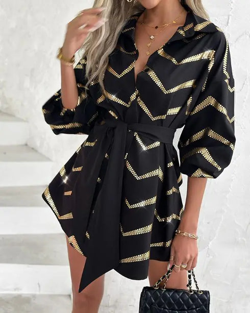 Bronzing Chevron Print Turn-down Collar Tied Detail Shirt Dress black